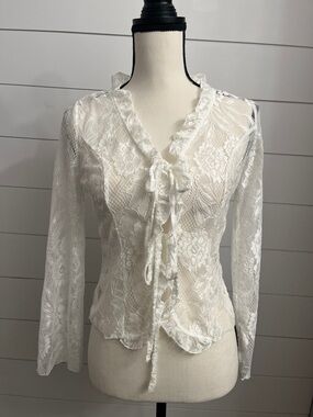 Sheer White Lace Tie-Front Blouse
